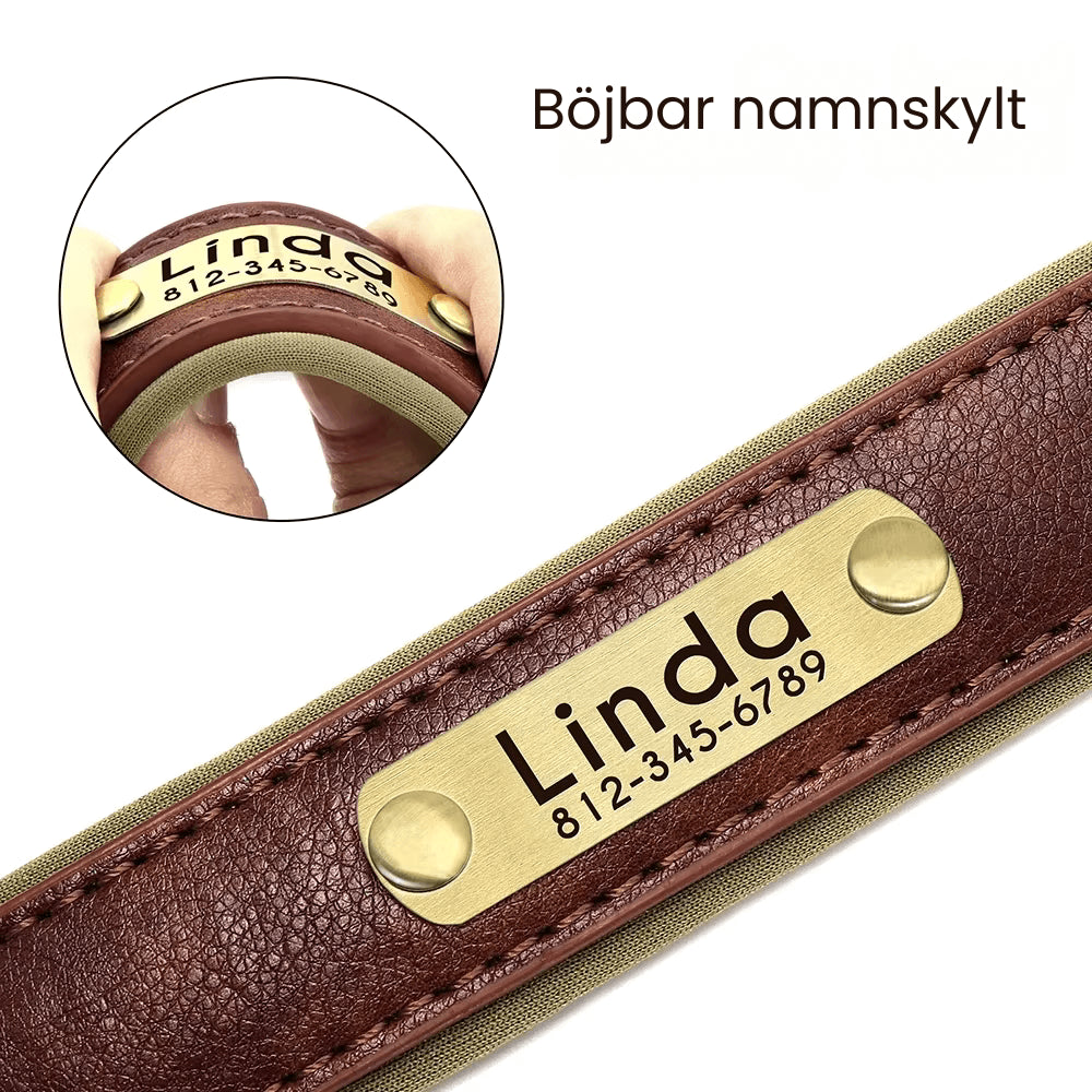 Läderhalsband med namnskylt